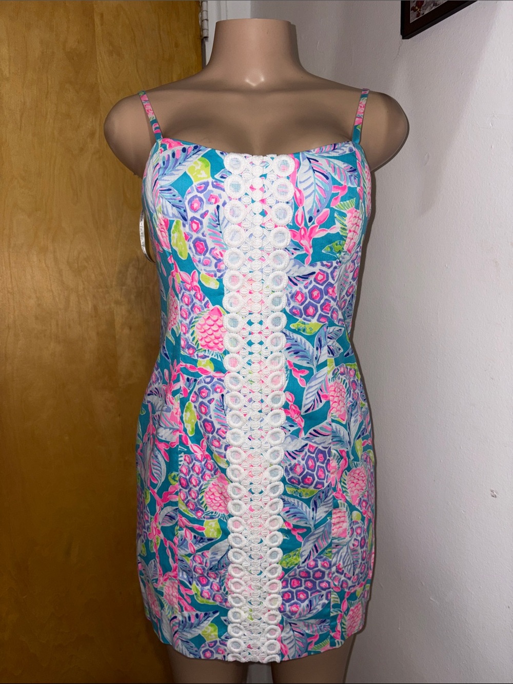 Lilly Pulitzer Turquoise Pink Floral Mini Dress with White Lace (Read Desc)